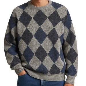 VTG HENRY GRETHEL Sweater‎ Argyle Gray Blue XL Y2K 90s Handframe Knit Abstract